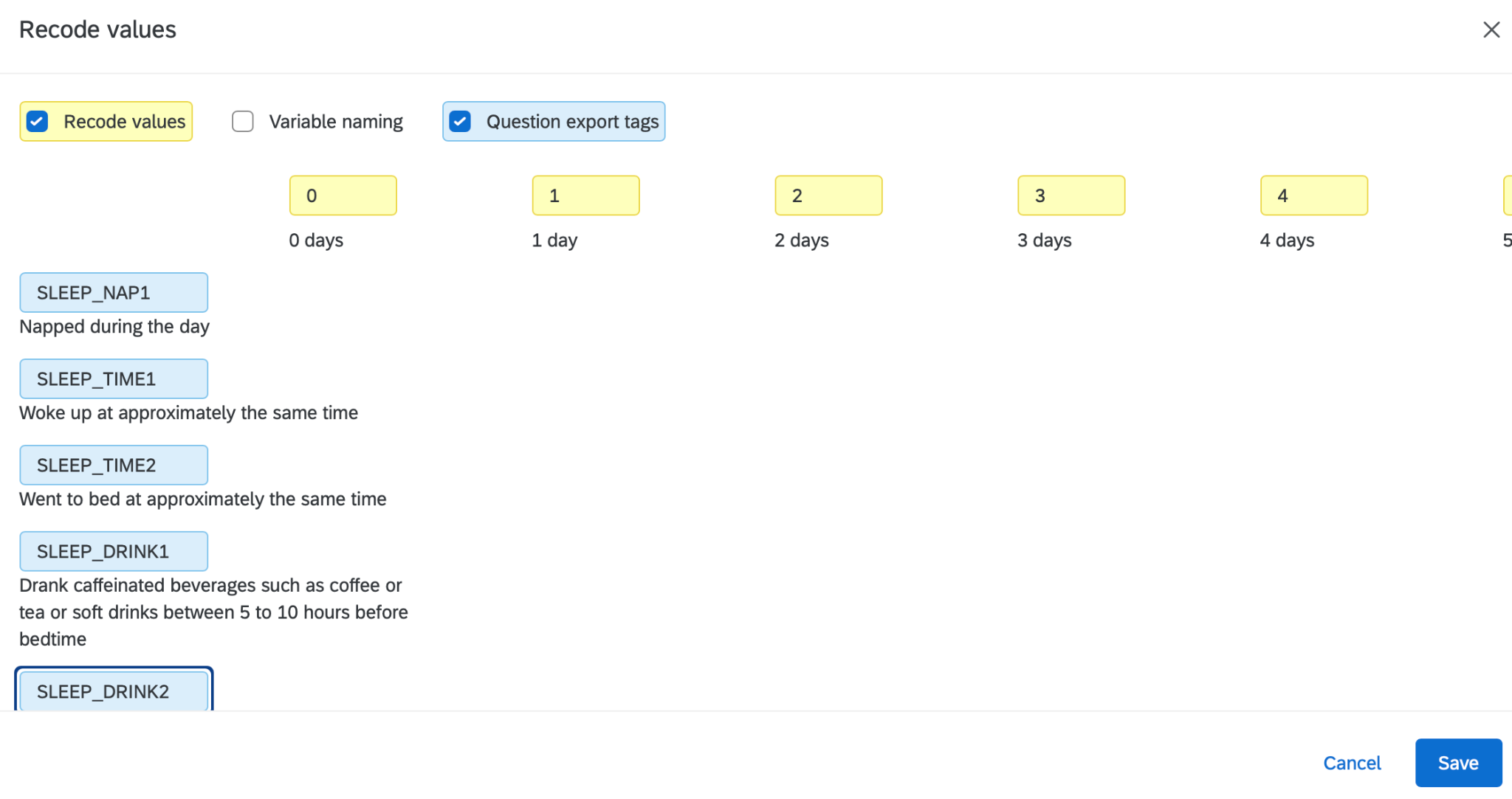 Recode values dialog for a matrix with rows SLEEP_NAP1, SLEEP_TIME1, SLEEP_TIME2, SLEEP_DRINK1, SLEEP_DRINK2 and columns 0 days to 4 days.