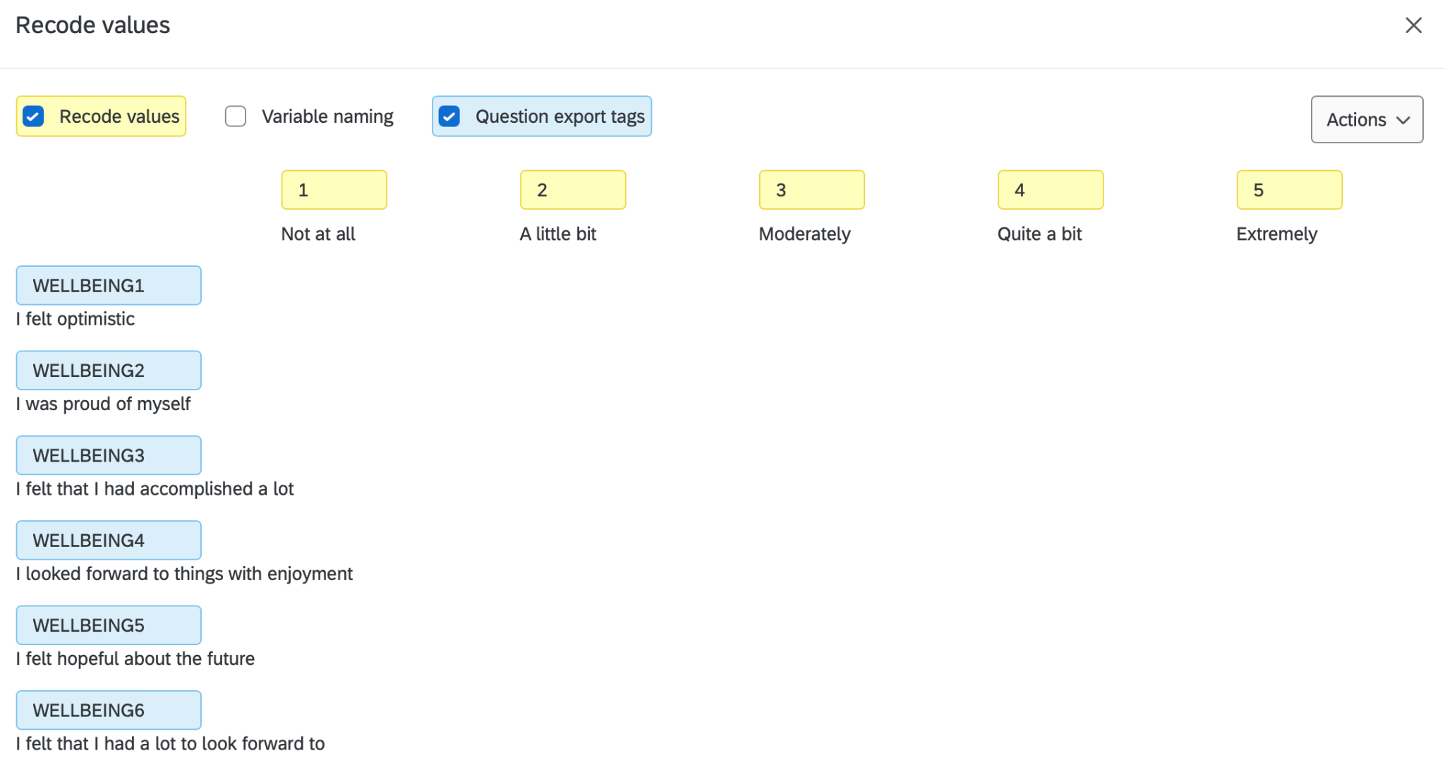 Recode values dialog for a matrix with rows WELLBEING1 to WELLBEING6 and columns Not at all = 1 to Extremely = 5.