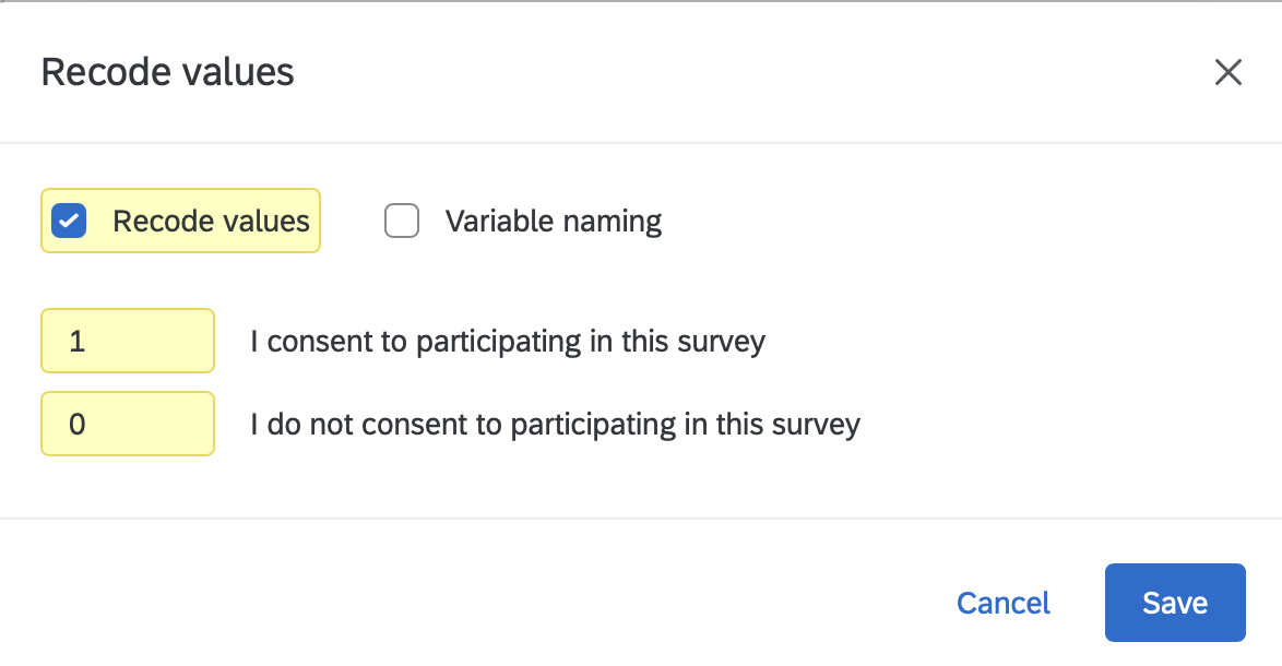 Recode values dialog for the consent question with 1 for consent and 0 for no consent.