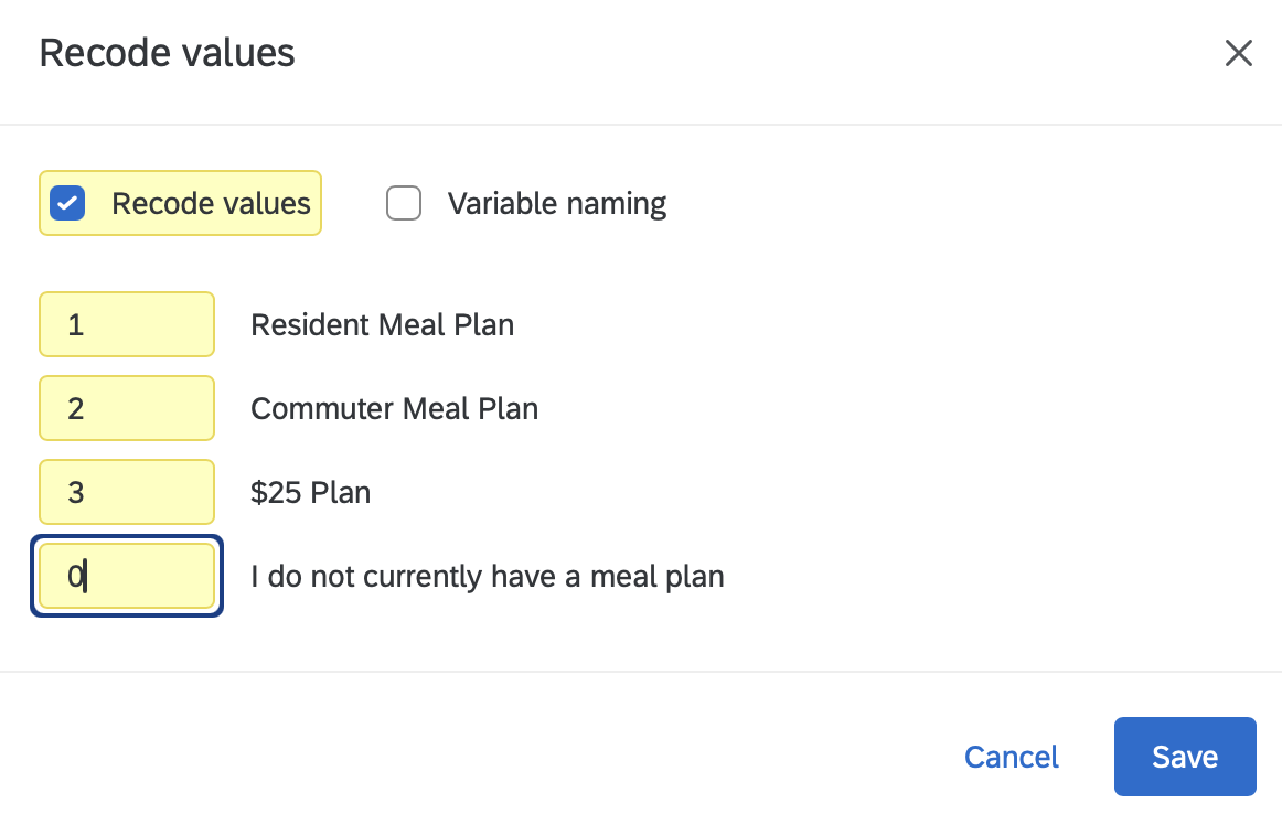 Recode values dialog for a meal plan question with 0 for I do not currently have a meal plan.