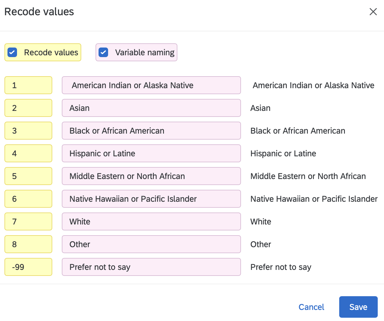 Recode values dialog for a racial/ethnic identity question with codes 1 to 8 and -99 for Prefer not to say.