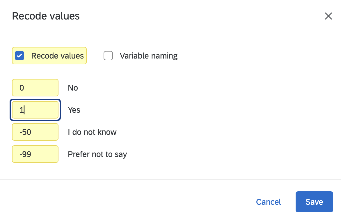 Recode values dialog for a yes/no question with 0 = No, 1 = Yes, -50 = I do not know, -99 = Prefer not to say.