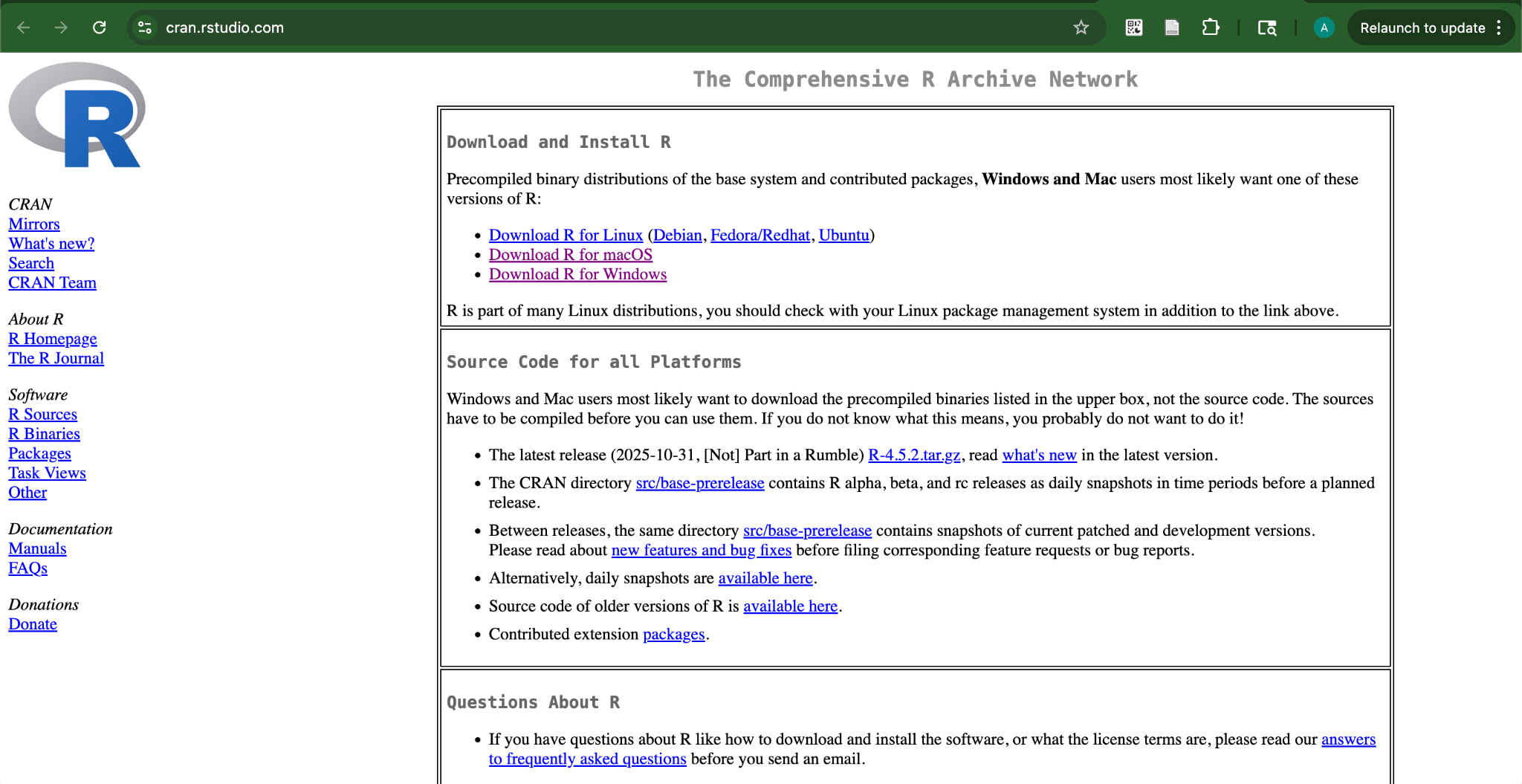 CRAN home page with links to Download R for Linux, Download R for macOS, and Download R for Windows.
