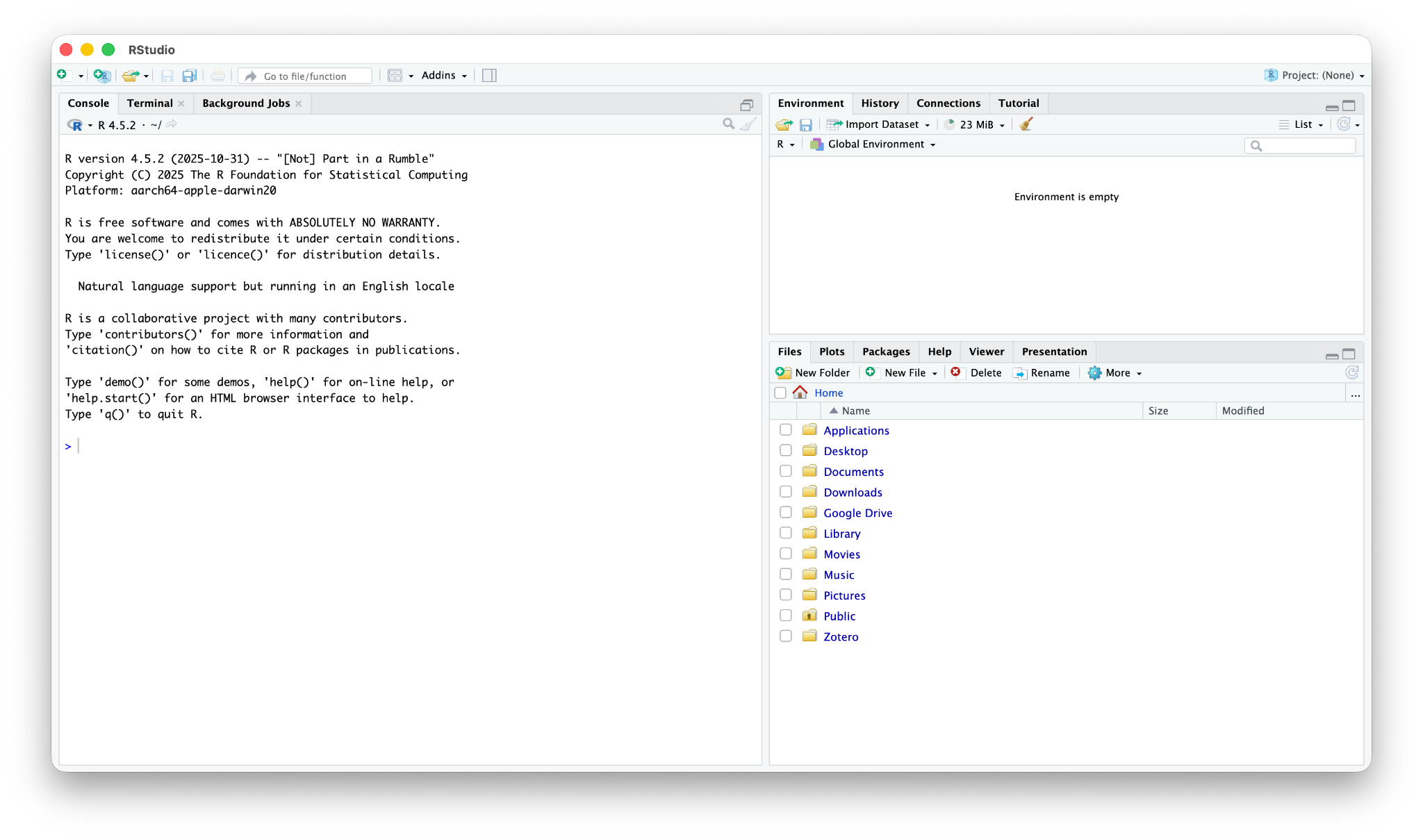 RStudio window on first launch with three panels: the console on the left, the environment on the upper right, and the files tab on the lower right.