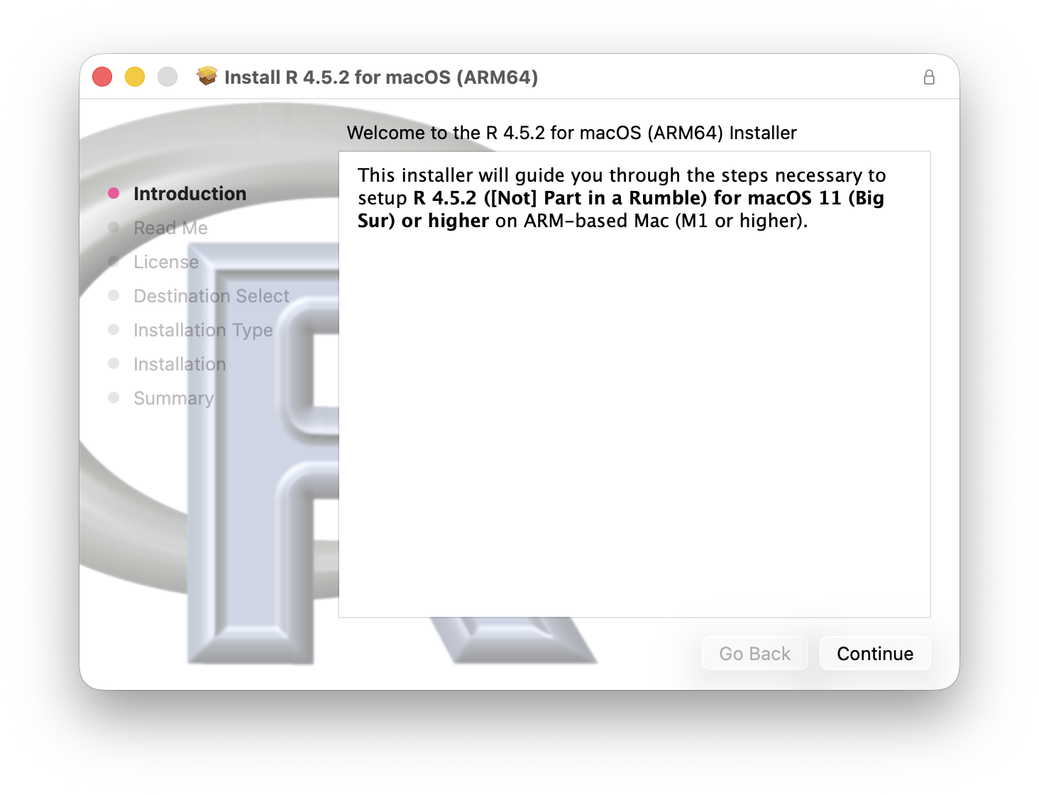 Welcome screen of the R for macOS installer with a Continue button.