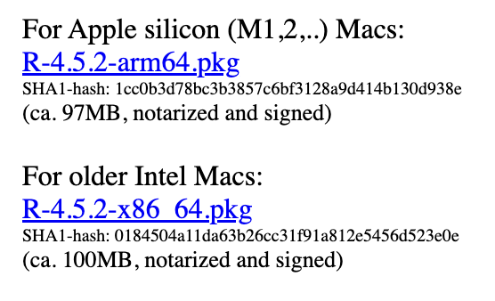 CRAN macOS page listing an arm64 .pkg file for Apple silicon Macs and an x86_64 .pkg file for older Intel Macs.