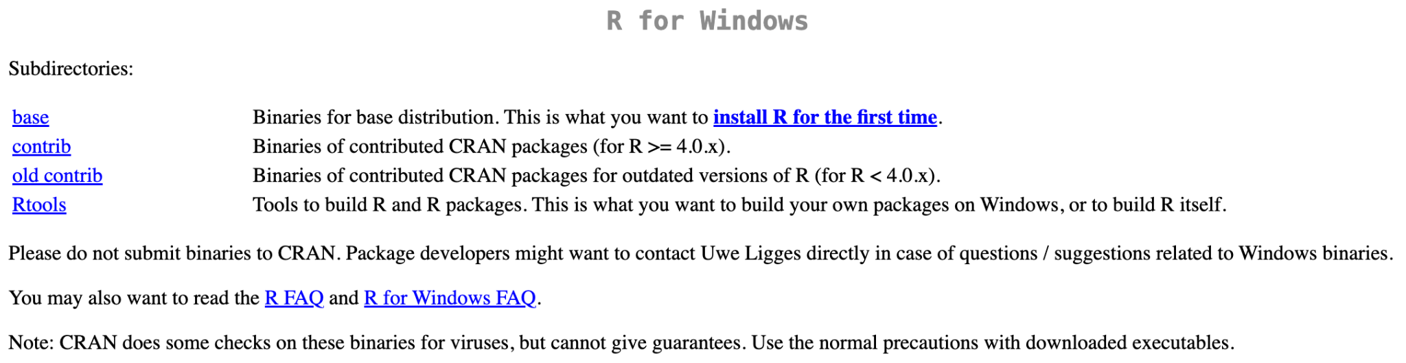 CRAN R for Windows page with subdirectories base, contrib, old contrib, and Rtools. The base row includes the link: install R for the first time.