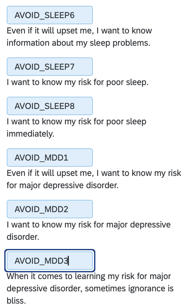 The Variable naming panel of a Qualtrics matrix question. Each statement has a name box above it: AVOID_SLEEP6, AVOID_SLEEP7, AVOID_SLEEP8, AVOID_MDD1, AVOID_MDD2, and AVOID_MDD3, which is selected with the cursor in it.
